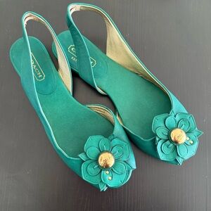 Coach Teal Green Floral Slingback Flats